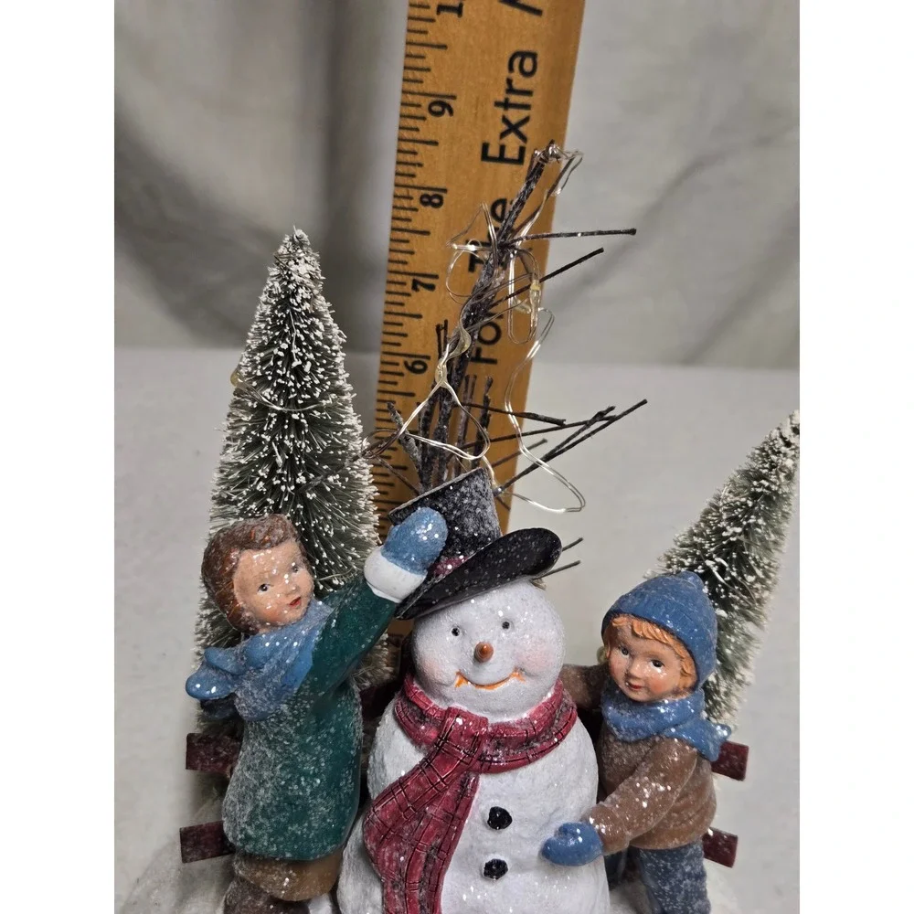 Christmas Snowman Children Lighted Winter Village Figurine Bottle Brush Trees